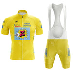 The Credlt Lyonnals Retro Short Sleeve Cycling Set features a yellow jersey with a zipper, displaying Le Tour, Credit Lyonnais, and a cartoon fist. The matching bib shorts include white suspenders, blue Credit text on the thighs, and subtle brand patterns.