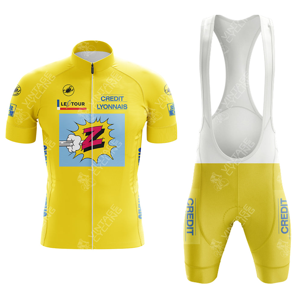 The Credlt Lyonnals Retro Short Sleeve Cycling Set features a yellow jersey with a zipper, displaying Le Tour, Credit Lyonnais, and a cartoon fist. The matching bib shorts include white suspenders, blue Credit text on the thighs, and subtle brand patterns.