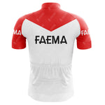 The image displays the FAEMA Red and White Retro Short Sleeve Cycling Set, featuring a bold red top and sleeves with a contrasting white lower section. FAEMA is prominently printed in black on the back, epitomizing the classic cycling jersey style.