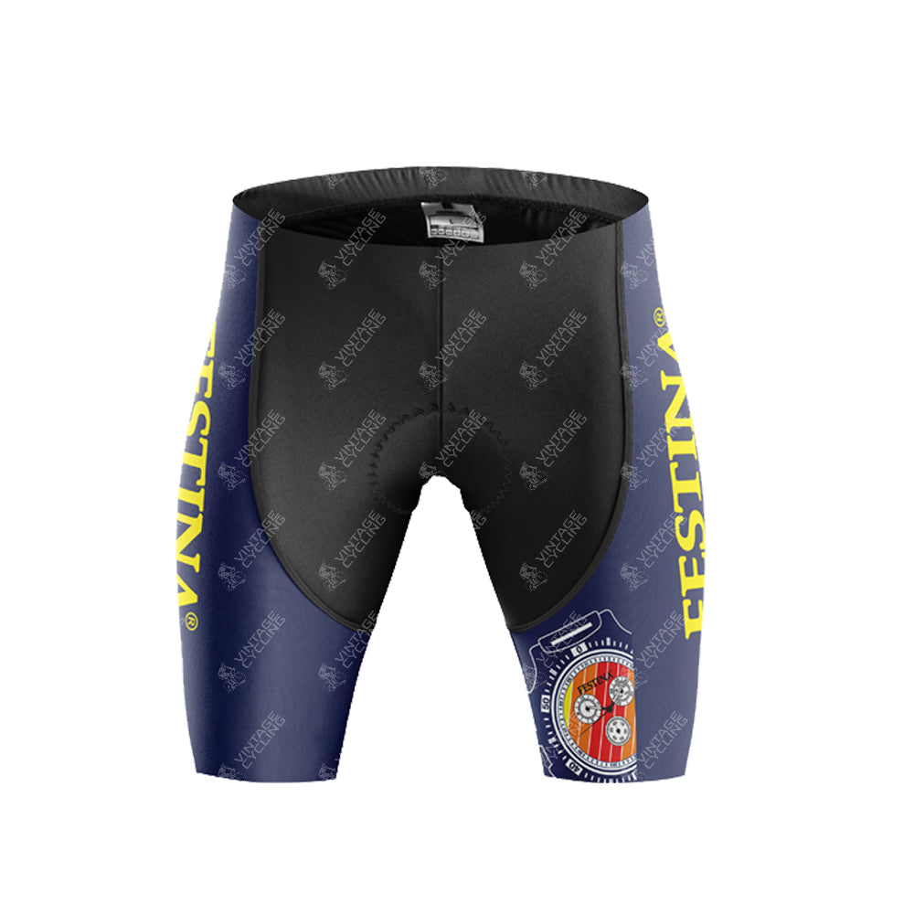 The Festina Watches Retro Cycling Jersey Set features cycling shorts with a black front panel and blue side panels, adorned with FESTINA in yellow on the left, plus a crest and watch logo, perfectly complementing the retro jersey for a nostalgic ride.