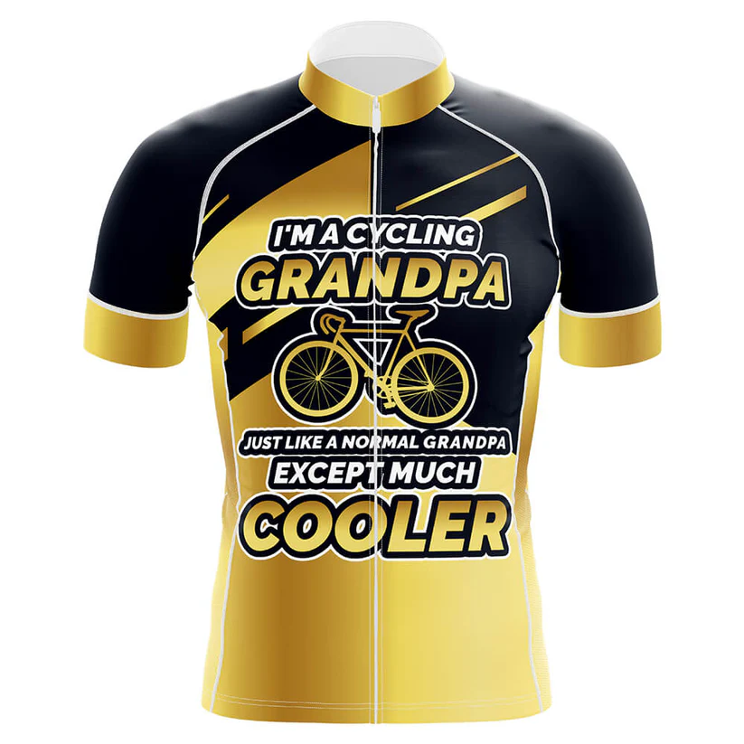 The U.S.Navy Short Sleeve Cycling Set is a black and yellow cycling outfit with "I'm a cycling grandpa just like a normal grandpa except much cooler" and a yellow bicycle graphic—ideal for fans of customizable cycling gear.