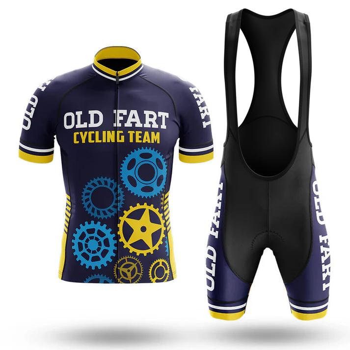 A men's cycling set in navy blue with yellow accents, featuring a short sleeve jersey that reads SLOTH CYCLING TEAM with gear graphics; SLOTH also appears on the sides of the shorts.