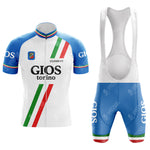 The gan Blue Retro Short Sleeve Cycling Set includes a white and blue jersey with GIOS Torino text, red and green stripes, and matching blue bib shorts with white straps. Both pieces feature the iconic GIOS logo for a timeless cycling look.