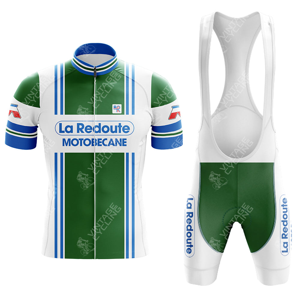 Embrace the retro charm with the LA REDOUTE Retro Short Sleeve Cycling Set. The jerseys green, white, and blue design features La Redoute and Motobecane text. Complete your look with vintage green cycling shorts featuring La Redoute branded side straps.
