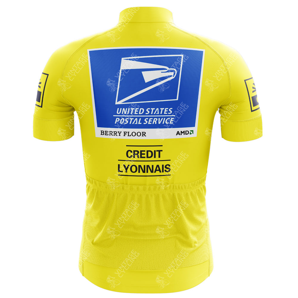 The US Postal Service Yellow Tour de France Retro Cycling Jersey boasts a vibrant yellow design with USPS and sponsor logos on the back, echoing the iconic era of the US Postal Tour de France.