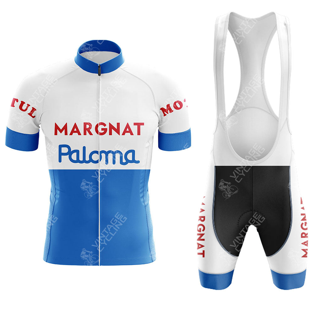 Classic cycling style meets modern comfort with the M.I.C. Moneymakers de Gribaldy Retro Short Sleeve Cycling Set, featuring a white and blue jersey with bold branding, red text details, and design highlights on both front and back.