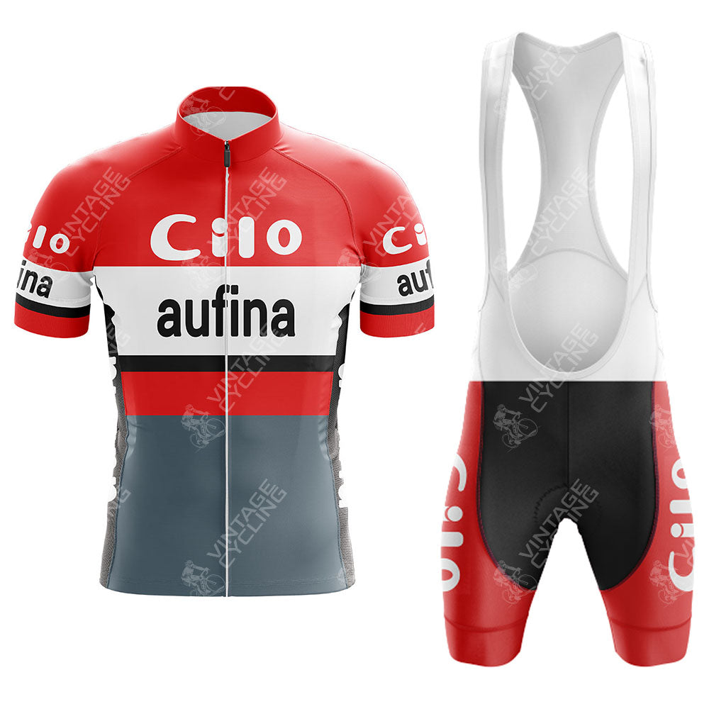 Explore the Clas Cajastur Retro Short Sleeve Cycling Set in bold red, white, and gray. This Cilo–Aufina design features a front zipper jersey with short sleeves and matching bib shorts. Both pieces boast a sporty style, ensuring you can find your perfect fit with the available size guide.