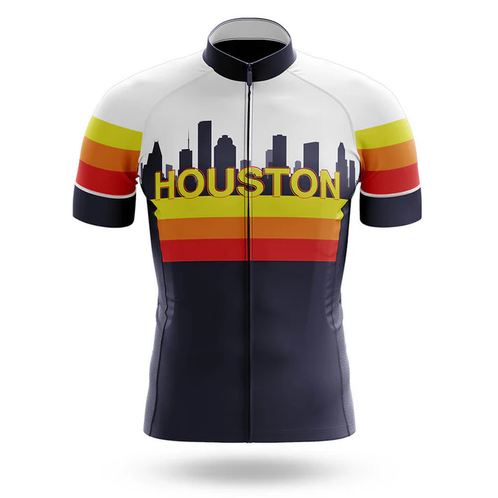 The 3 Feet Men Short Sleeve Cycling Set features moisture-wicking fabric, yellow-orange-red stripes, "HOUSTON" on the chest, and a black city skyline silhouette on a white top for comfort and standout style.