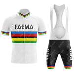 Try the FAEMA Color Bars Retro Short Sleeve Cycling Set, featuring a white jersey with multi-color stripes and FAEMA text, paired with vintage black shorts that have matching striped leg bands for a classic look.