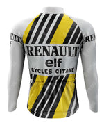 The 1980s elf Fleece Retro Long Cycling Set offers a vintage design with white, yellow, and black vertical stripes. RENAULT is prominently displayed, while smaller elf and CYCLES GITANE text adorn the back, making it ideal for nostalgic rides.