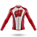 The Assuming Old Man Long Sleeve Cycling Jersey is a red and white retro jersey with a large red W on the front, "Wisconsin" down the sides, mascots on both sleeves, and is displayed zipped-up against a plain white background.