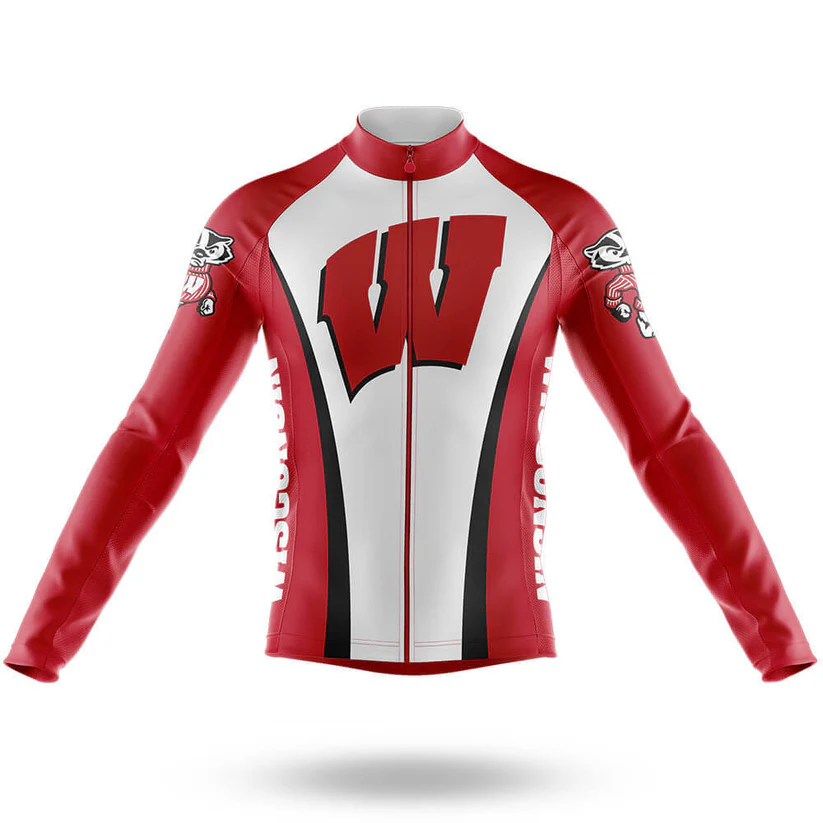 The Assuming Old Man Long Sleeve Cycling Jersey is a red and white retro jersey with a large red W on the front, "Wisconsin" down the sides, mascots on both sleeves, and is displayed zipped-up against a plain white background.