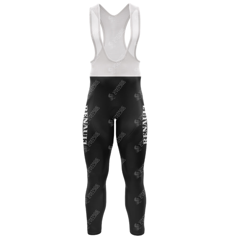 A black cycling bib tights with a white upper section and INNVENT vertically on each leg, featuring a repeating logo pattern, are perfect with the 1980s elf Fleece Retro Long Cycling Set (With Fleece Option) for ultimate comfort and warmth on chilly rides.