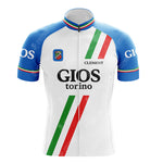 The gan Blue Retro Short Sleeve Cycling Set features a front view of a Gios Torino jersey with blue sleeves, a white body, diagonal green, white, and red stripes, GIOS torino and CLEMENT text, plus a chest badge.
