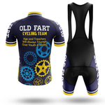 Front and back view of the Sloth Cycling Team Men Short Sleeve Cycling Set. The jersey has "SLOTH CYCLING TEAM" text with gear graphics, while the shorts include black straps and a padded seat for comfort.