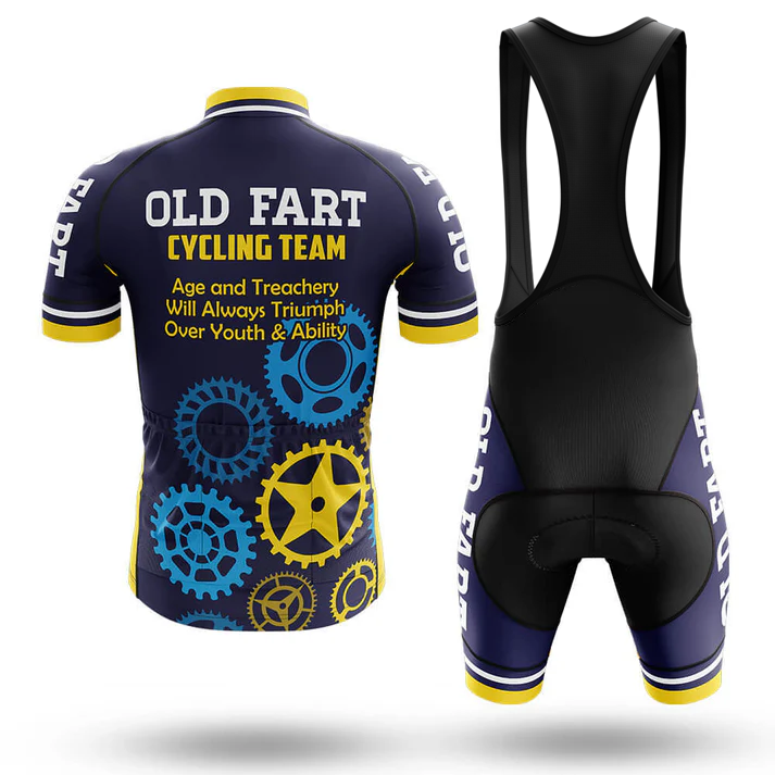 Front and back view of the Sloth Cycling Team Men Short Sleeve Cycling Set. The jersey has "SLOTH CYCLING TEAM" text with gear graphics, while the shorts include black straps and a padded seat for comfort.