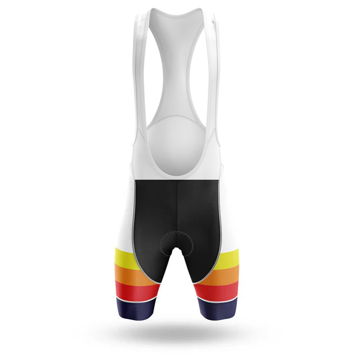 The 3 Feet Men Short Sleeve Cycling Set features bib shorts with a white upper, black midsection, and vibrant orange, yellow, and red stripes on the lower legs; ideal to pair with a moisture-wicking jersey. Displayed on a plain white background.