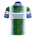 The LA REDOUTE Retro Short Sleeve Cycling Set features a green and white jersey with vertical blue stripes, La Redoute and Motobecane logos on the chest, blue detailing on the collar, and logoed sleeves. Perfect for enthusiasts of classic cycling styles.