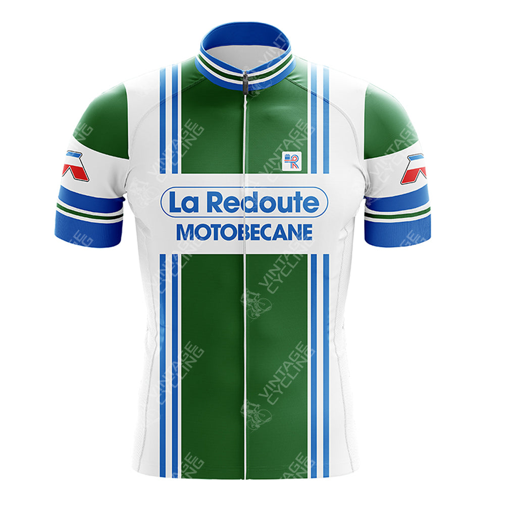 The LA REDOUTE Retro Short Sleeve Cycling Set features a green and white jersey with vertical blue stripes, La Redoute and Motobecane logos on the chest, blue detailing on the collar, and logoed sleeves. Perfect for enthusiasts of classic cycling styles.