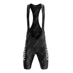 The PEUGEOT Black Retro Short Sleeve Cycling Set includes black bib shorts with PEUGEOT vertically on the sides, shoulder straps, and a repeating logo pattern, paired with a classic short-sleeve jersey on a plain white background for an iconic look.
