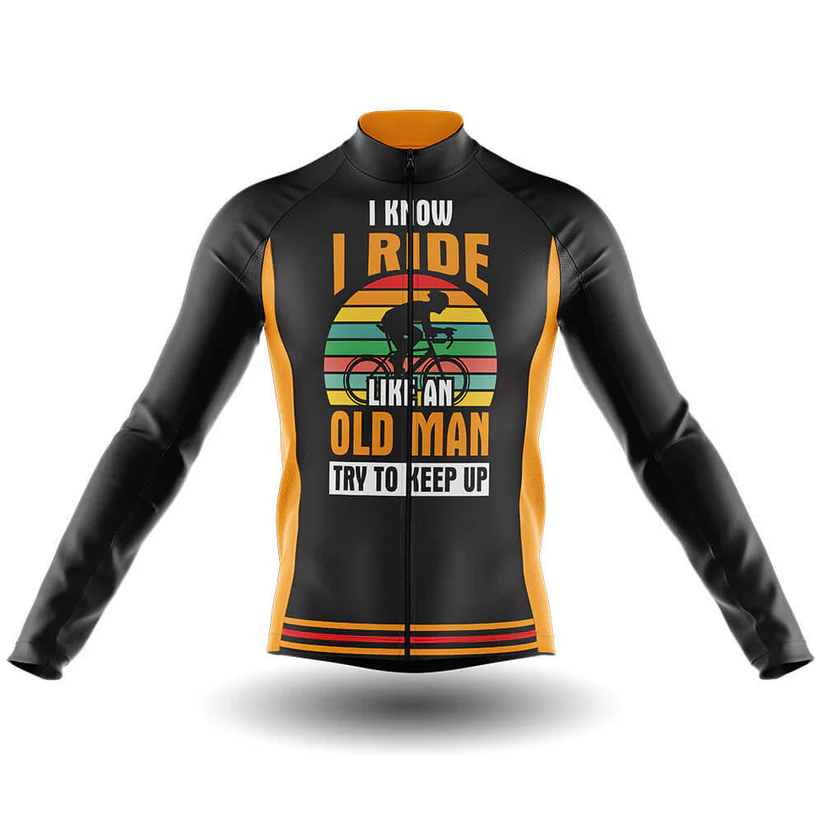 The Dawgs Long Sleeve Cycling Jersey features a black and yellow retro design with a cyclist graphic, a sunset background, and the text "I know I ride like an old man try to keep up.
