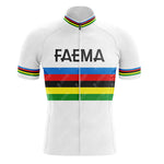 The FAEMA Color Bars Retro Short Sleeve Cycling Set includes a white jersey with FAEMA on the chest, rainbow stripes in blue, red, black, yellow, and green, matching collar and cuffs, front zipper, and is perfectly paired with vintage cycling shorts for an authentic look.