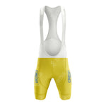 The Credlt Lyonnals Retro Short Sleeve Cycling Set features yellow bib shorts with white straps. Blue CREDIT text runs vertically, accented by a LYNFAE CYCLING pattern, providing a nod to retro style and pairing perfectly with any classic jersey for a timeless ride.