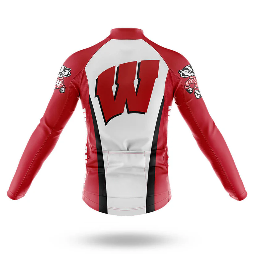 Assuming Old Man Long Sleeve Cycling Jersey: Red and white athletic jacket featuring a large red W on the back and cartoon badger mascots on both sleeves, shown against a white background.