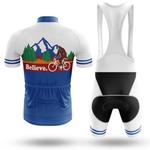 The Italy Men Short Sleeve Cycling Set features a blue and white jersey with trees, mountains, a cycling Bigfoot, "Believe," Chicago flag-inspired design, and comfortable black padded bib shorts.