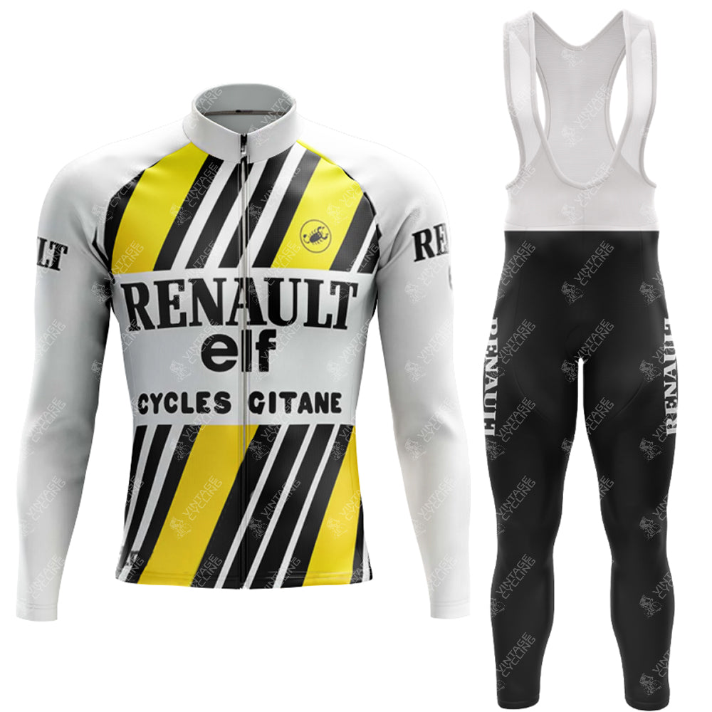 The 1980s elf Fleece Retro Long Cycling Set features a retro jersey in yellow, black, and white with Renault, elf, and Cycles Gitane logos. It includes long-sleeve details and black tights with white trim for a classic finish.