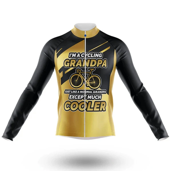 A U.S.Navy Long Sleeve Cycling Jersey in black and yellow, featuring "IM A CYCLING GRANDPA JUST LIKE A NORMAL GRANDPA EXCEPT MUCH COOLER" above a bicycle image. Displayed on a white mannequin torso, this retro jersey mixes style with attitude.