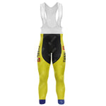 Front view of the KAS Retro Long Sleeve Cycling Set with a fleece option, featuring white uppers, mainly yellow legs, black thigh sections with CANAL in yellow, logos on each side, and bib straps with a rear panel for support.
