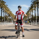 A cyclist wearing the Assuming Old Man Short Sleeve Cycling Set stands next to his bike on a palm-lined street, pointing at his watch, with other riders visible in the background beneath a clear blue sky.