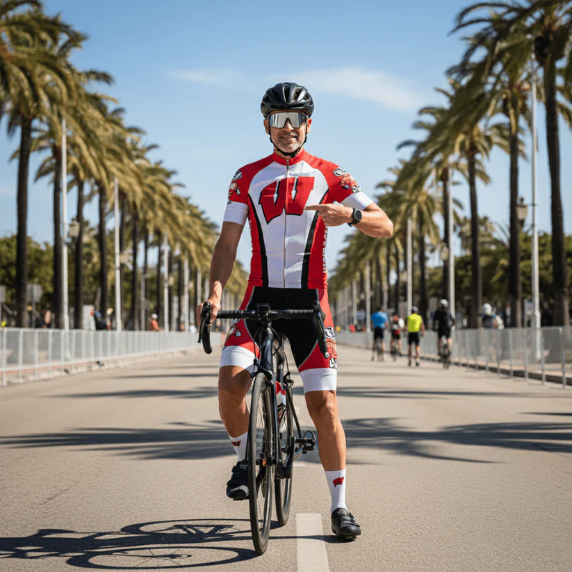 A cyclist wearing the Assuming Old Man Short Sleeve Cycling Set stands next to his bike on a palm-lined street, pointing at his watch, with other riders visible in the background beneath a clear blue sky.