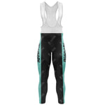 The Bianchi Grey Retro Long Sleeve Cycling Set, available with a fleece option, includes cycling bib tights featuring a sleeveless white upper and black/turquoise legs, with Bianchi in black on turquoise side panels and a subtle pattern throughout. Perfect for completing the cycling set.
