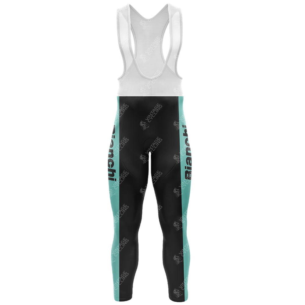 The Bianchi Grey Retro Long Sleeve Cycling Set, available with a fleece option, includes cycling bib tights featuring a sleeveless white upper and black/turquoise legs, with Bianchi in black on turquoise side panels and a subtle pattern throughout. Perfect for completing the cycling set.