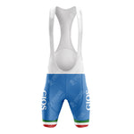 The gan Blue Retro Short Sleeve Cycling Set features GIOS cycling bib shorts with a vintage feel, showcasing blue legs with GIOS in white on the sides. White straps and Italian flag-inspired green and red bands at the hems complete this stylish set.