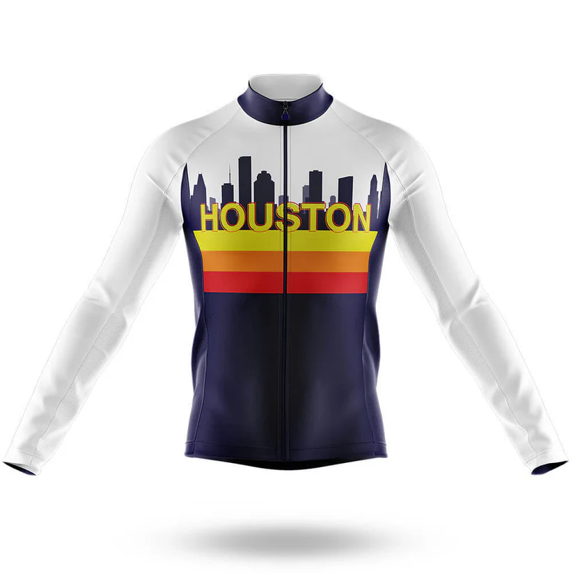 The 3 Feet Men Long Sleeve Cycling Jersey in navy and white features Houston’s skyline silhouette with “HOUSTON” above bold red, orange, and yellow stripes—ideal for cool-weather city rides.