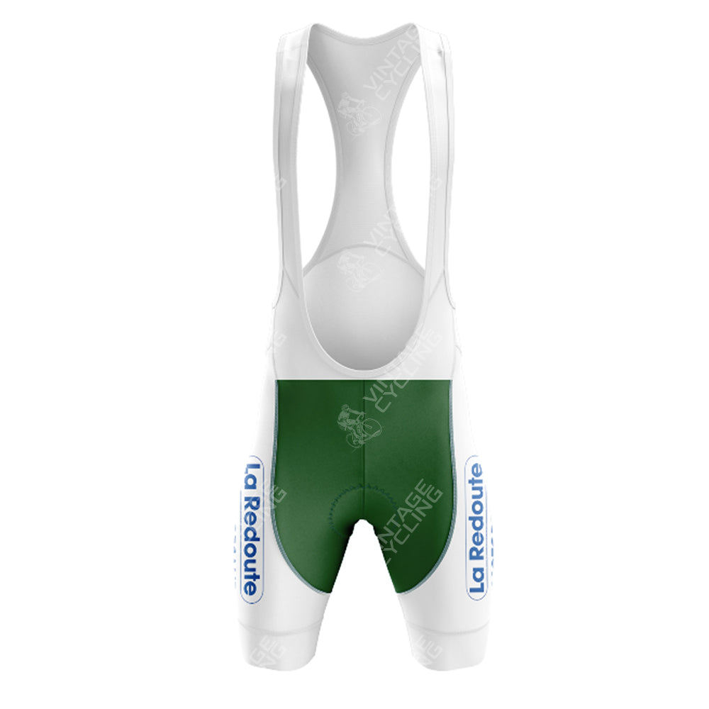Embrace nostalgia with the LA REDOUTE Retro Short Sleeve Cycling Set, showcasing white and green bib shorts. The La Redoute branding graces the sides, while white straps harmonize with green shorts for a classic vintage look.