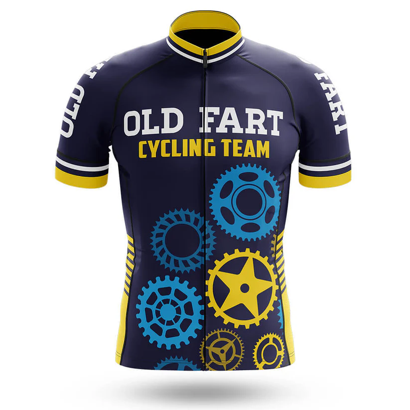 A dark blue short sleeve cycling jersey featuring yellow and blue gear designs, yellow trim, and "SLOTH CYCLING TEAM" in bold white and yellow letters on the chest and sleeves. Perfect addition to any men’s cycling set.