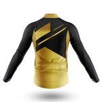 The U.S. Navy Long Sleeve Cycling Jersey is shown from the back, with a yellow base, black sleeves, and a striking black geometric pattern on the upper back.