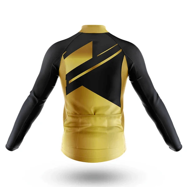 The U.S. Navy Long Sleeve Cycling Jersey is shown from the back, with a yellow base, black sleeves, and a striking black geometric pattern on the upper back.
