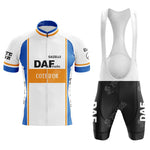 The FESTINA Retro Short Sleeve Cycling Set includes a white jersey with blue and orange vertical stripes, featuring DAF, GAZELLE, and COTE DOR text. The black shorts have bold white text on the legs, making for a stylish outfit.