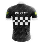 The PEUGEOT Black Retro Short Sleeve Cycling Sets back view showcases a black jersey with PEUGEOT on the upper back, featuring a classic white checkered pattern and green sleeves adorned with BP in bold yellow.