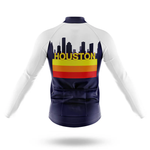 The 3 Feet Men Long Sleeve Cycling Jersey for cool weather features a navy lower back, white sleeves, rainbow stripes (yellow, orange, red), a black city skyline, and bold yellow "HOUSTON" lettering on the back.