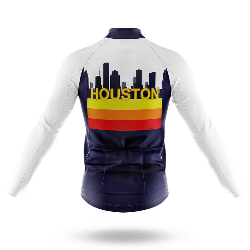 The 3 Feet Men Long Sleeve Cycling Jersey for cool weather features a navy lower back, white sleeves, rainbow stripes (yellow, orange, red), a black city skyline, and bold yellow "HOUSTON" lettering on the back.