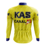The KAS Retro Long Sleeve Cycling Set features a yellow jersey with KAS CANAL 10 in black and red on the back, blue collar and cuffs, three back pockets, and an optional fleece lining for cooler rides.