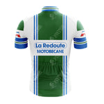 The LA REDOUTE Retro Short Sleeve Cycling Set features a white cycling jersey with La Redoute and Motobecane logos, blue and green vertical stripes, and green sleeves, ideal for pairing with vintage cycling shorts for a complete retro look.