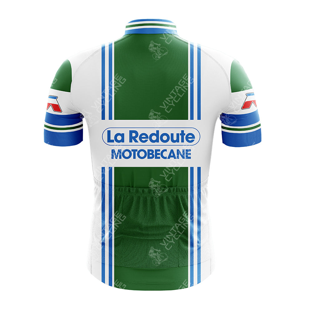 The LA REDOUTE Retro Short Sleeve Cycling Set features a white cycling jersey with La Redoute and Motobecane logos, blue and green vertical stripes, and green sleeves, ideal for pairing with vintage cycling shorts for a complete retro look.