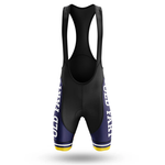 The Sloth Cycling Team Men Short Sleeve Cycling Set features black bib shorts with navy blue legs, "OLD FART" in white on each leg, plus yellow and white stripes—perfect to pair with a Chicago flag kit for a bold men's cycling look. Plain white background.